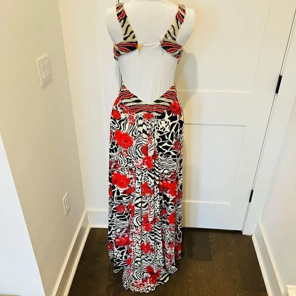 La Femme Women’s Size 0 Floral Print Open Back Formal Gown Maxi Dress Red Prom